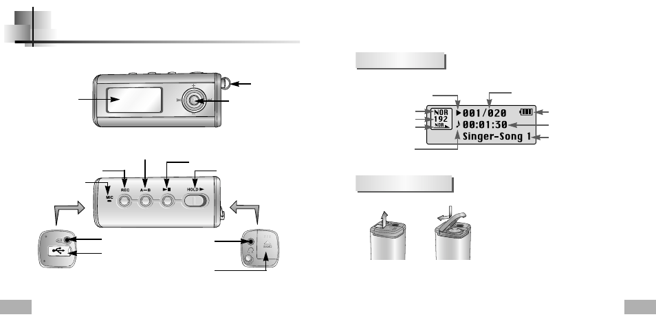 Location of controls (yepp), Display inserting a battery | Samsung YP-T5H-XTL User Manual | Page 6 / 32