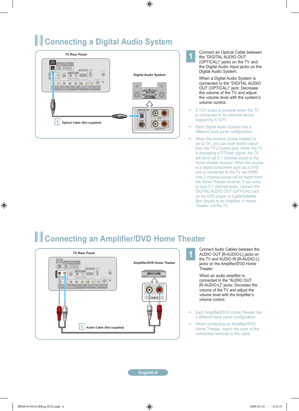 Connecting a digital audio system, Connecting an amplifier/dvd home theater | Samsung LN19A650A1DXZA User Manual | Page 6 / 12