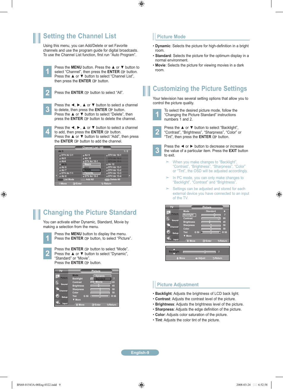 Setting the channel list, Changing the picture standard, Customizing the picture settings | Picture mode, Picture adjustment | Samsung LN19A650A1DXZA User Manual | Page 9 / 12