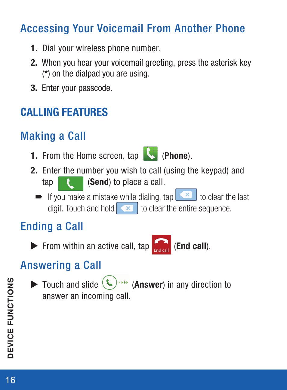 Accessing your voicemail from another phone, Calling features making a call, Ending a call | Answering a call | Samsung SM-S975LZKATFN User Manual | Page 17 / 36