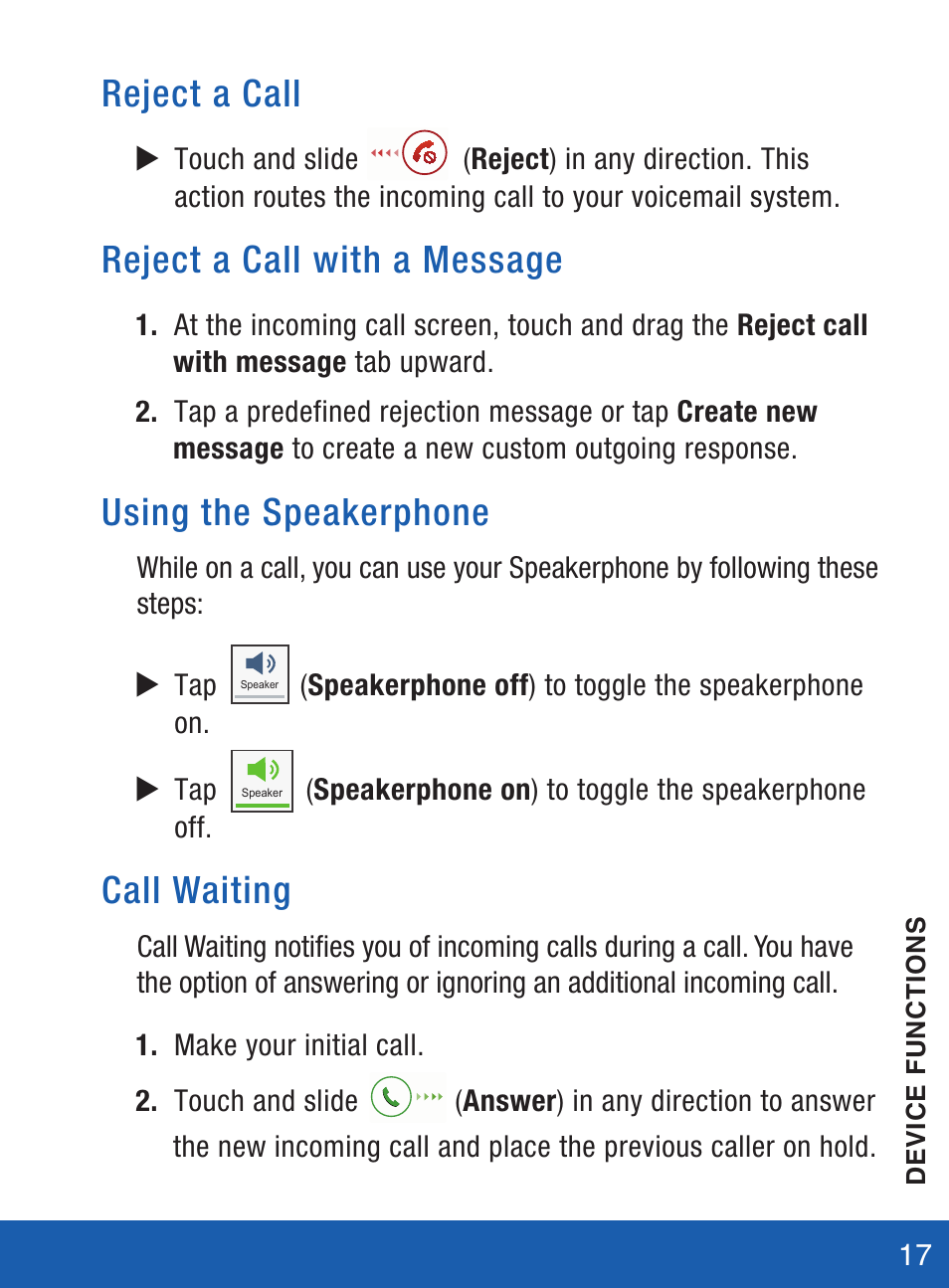 Reject a call, Reject a call with a message, Using the speakerphone | Call waiting | Samsung SM-S975LZKATFN User Manual | Page 18 / 36