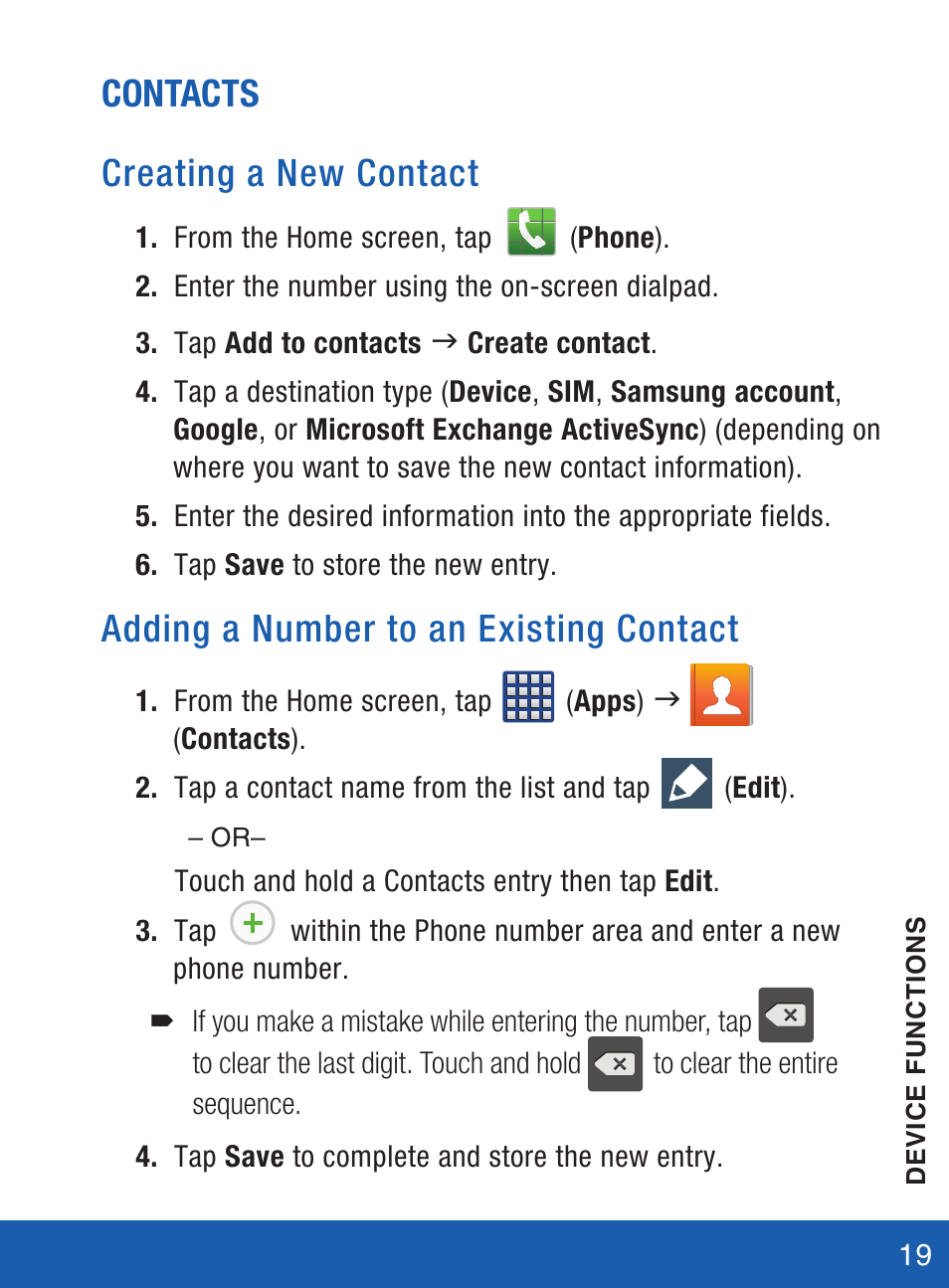 Contacts creating a new contact, Adding a number to an existing contact | Samsung SM-S975LZKATFN User Manual | Page 20 / 36