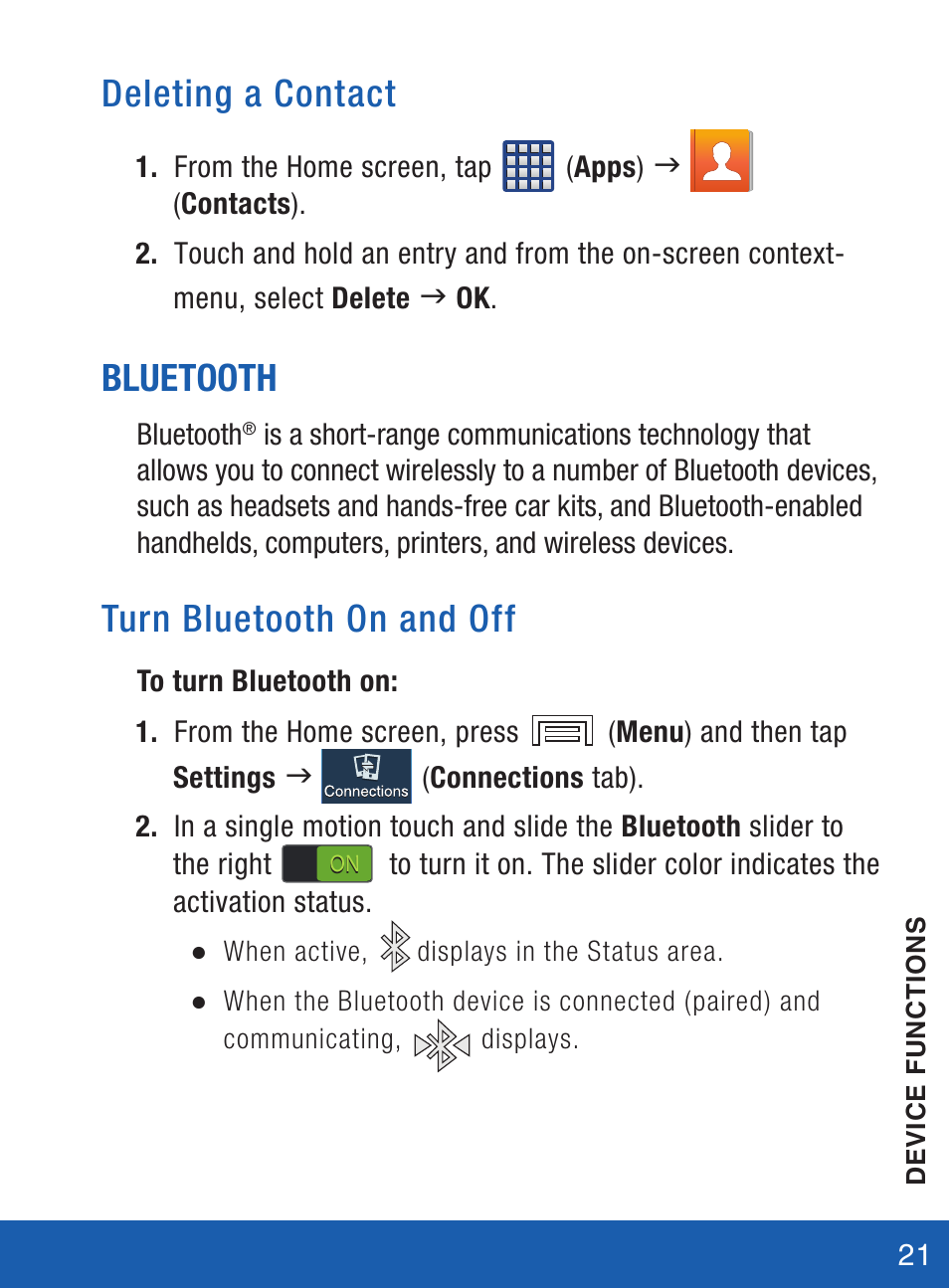 Deleting a contact, Bluetooth, Turn bluetooth on and off | Samsung SM-S975LZKATFN User Manual | Page 22 / 36