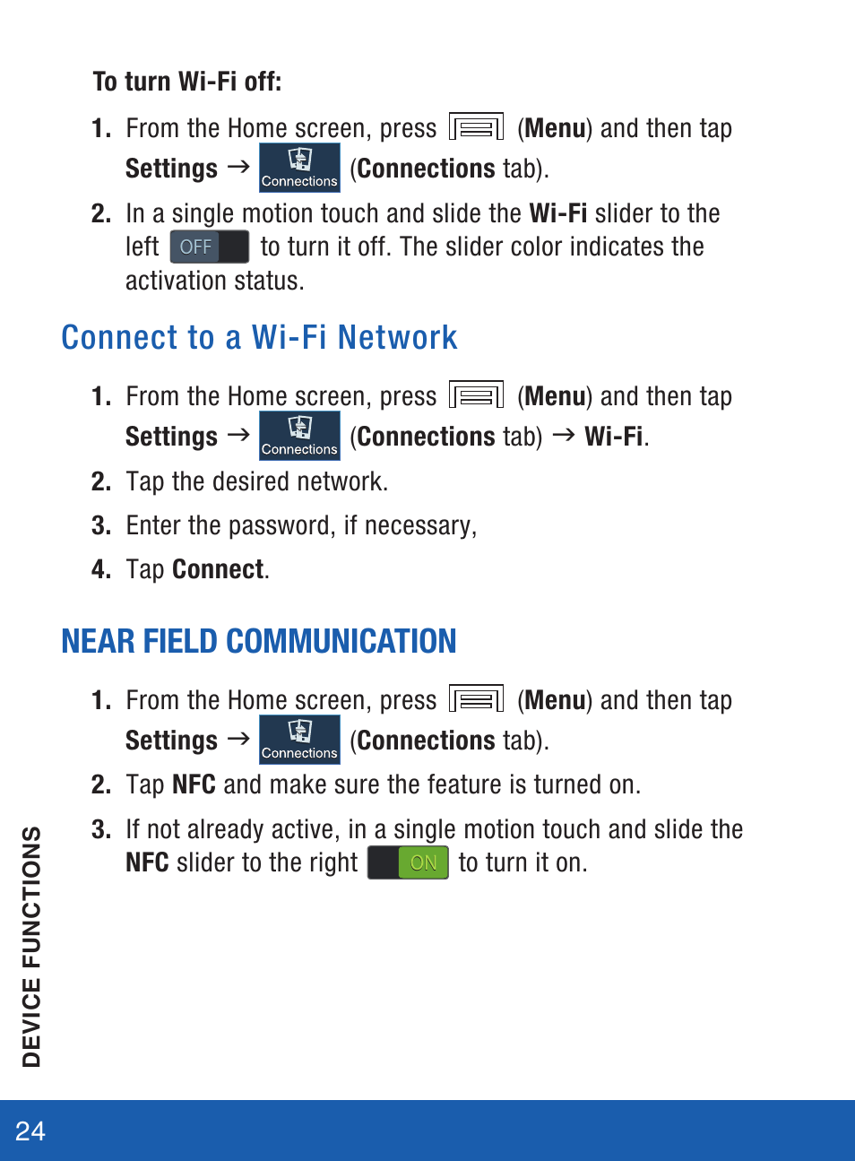 Connect to a wi-fi network, Near field communication | Samsung SM-S975LZKATFN User Manual | Page 25 / 36