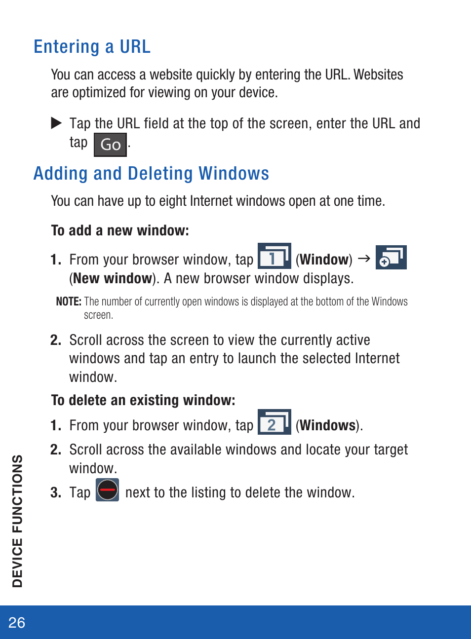 Entering a url, Adding and deleting windows | Samsung SM-S975LZKATFN User Manual | Page 27 / 36