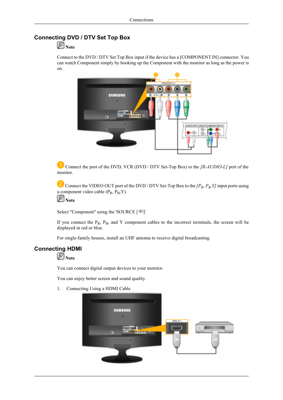 Connecting dvd / dtv set top box, Connecting hdmi | Samsung LS22TDNSUV-ZA User Manual | Page 15 / 24