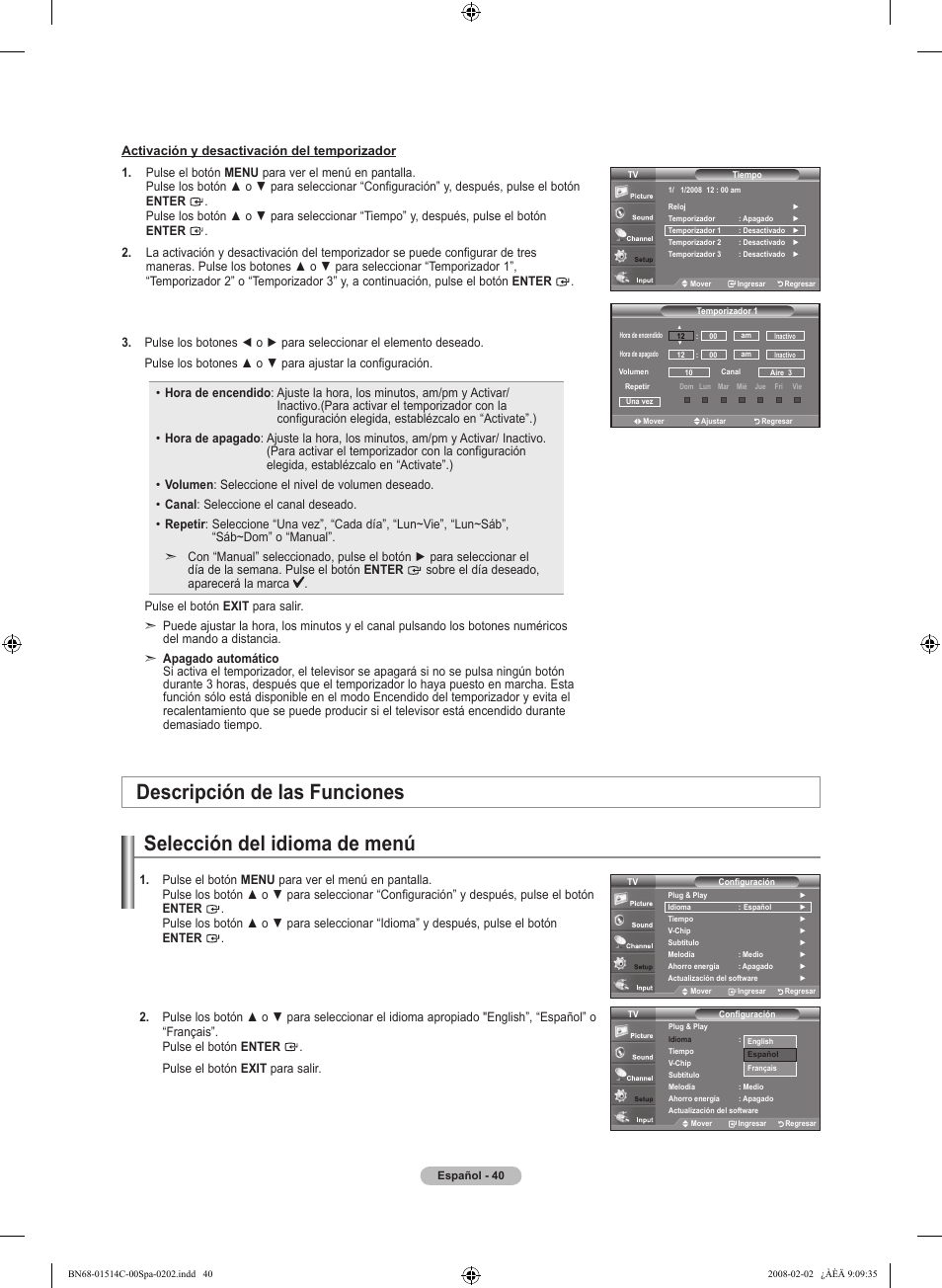 Selección del idioma de menú, Descripción de las funciones | Samsung LN19A331J1DXZA User Manual | Page 102 / 121