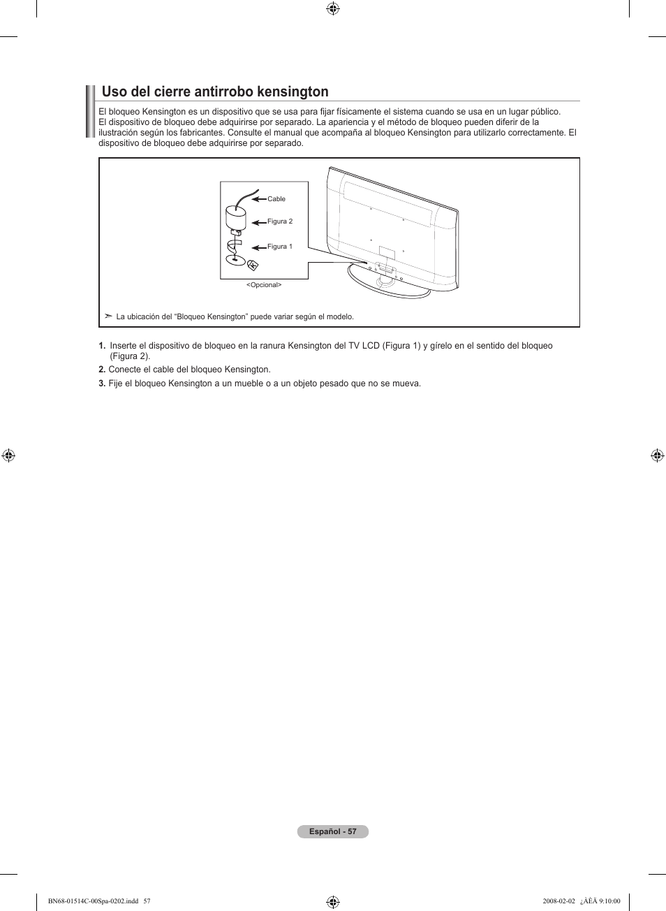 Uso del cierre antirrobo kensington | Samsung LN19A331J1DXZA User Manual | Page 119 / 121