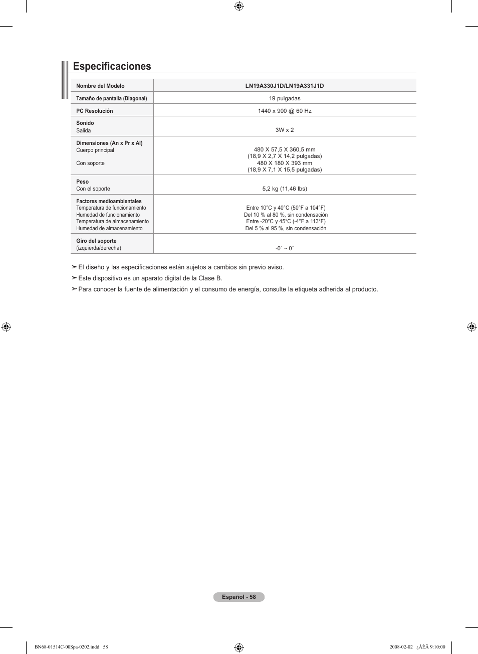 Especificaciones | Samsung LN19A331J1DXZA User Manual | Page 120 / 121