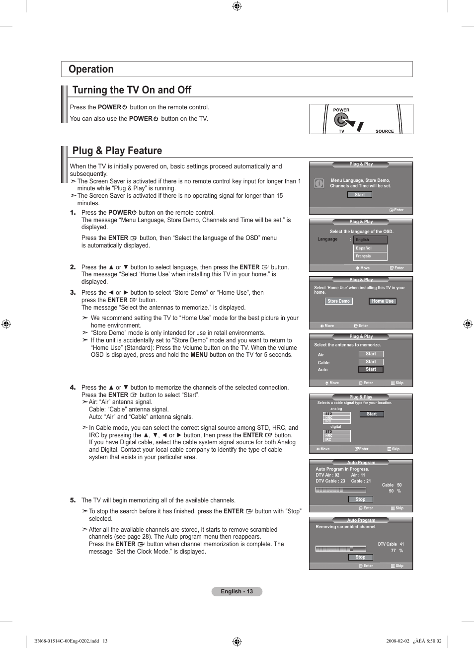 Operation, Turning the tv on and off, Plug & play feature | Samsung LN19A331J1DXZA User Manual | Page 15 / 121