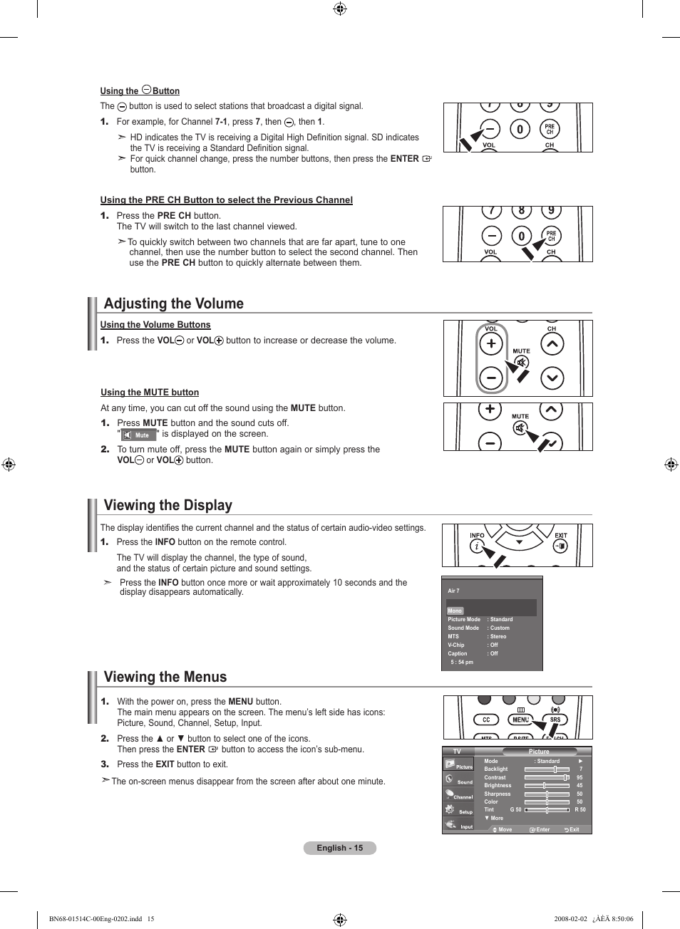 Adjusting the volume, Viewing the display, Viewing the menus | Samsung LN19A331J1DXZA User Manual | Page 17 / 121