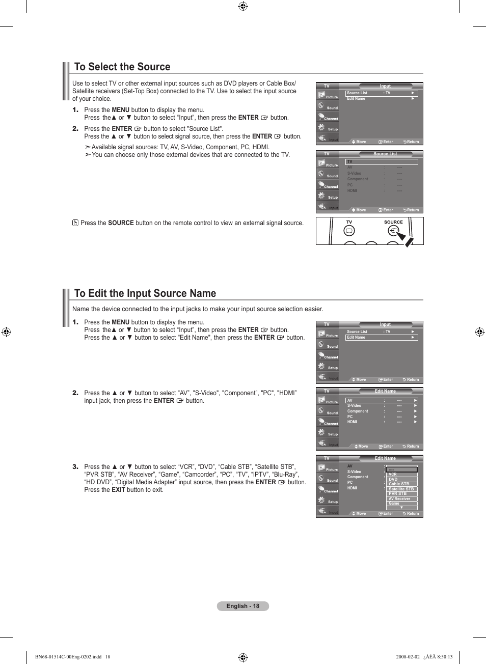 To select the source, To edit the input source name | Samsung LN19A331J1DXZA User Manual | Page 20 / 121