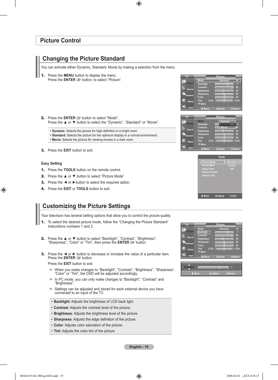 Picture control, Changing the picture standard, Customizing the picture settings | Samsung LN19A331J1DXZA User Manual | Page 21 / 121