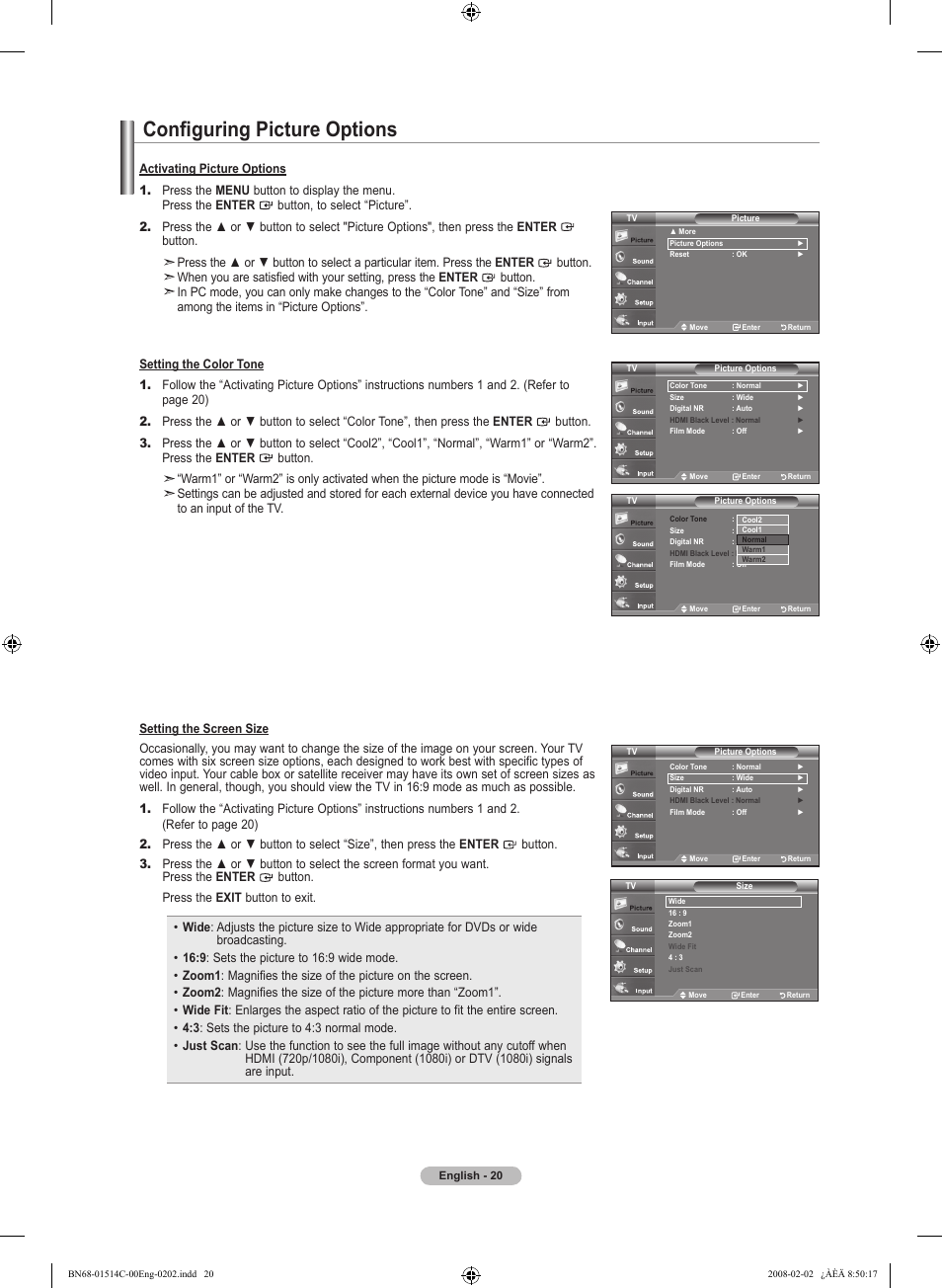 Configuring picture options | Samsung LN19A331J1DXZA User Manual | Page 22 / 121