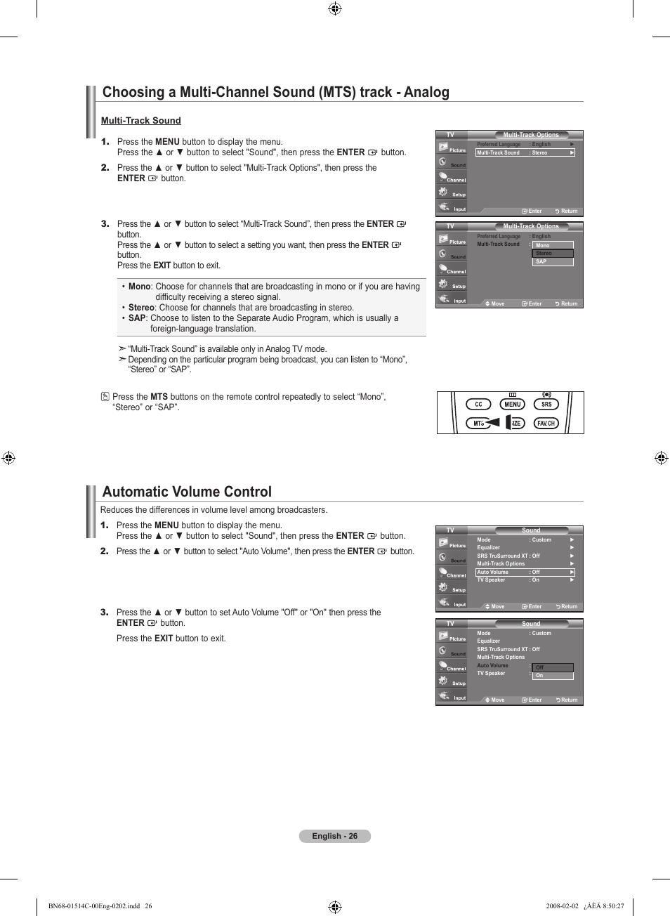 Automatic volume control | Samsung LN19A331J1DXZA User Manual | Page 28 / 121