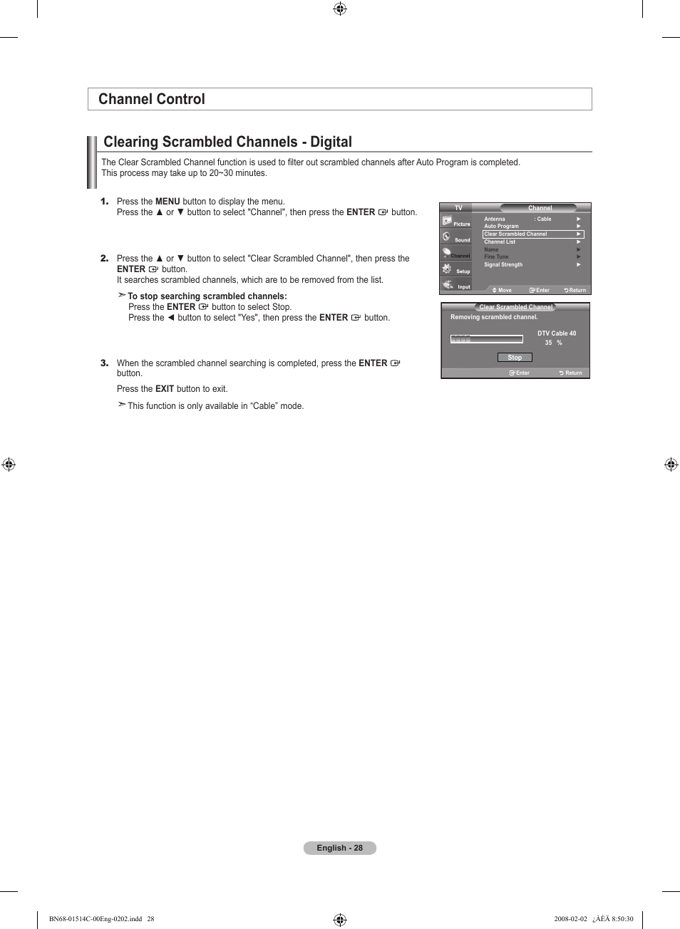 Channel control, Clearing scrambled channels - digital | Samsung LN19A331J1DXZA User Manual | Page 30 / 121