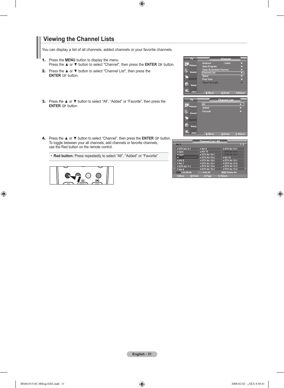 Viewing the channel lists | Samsung LN19A331J1DXZA User Manual | Page 33 / 121