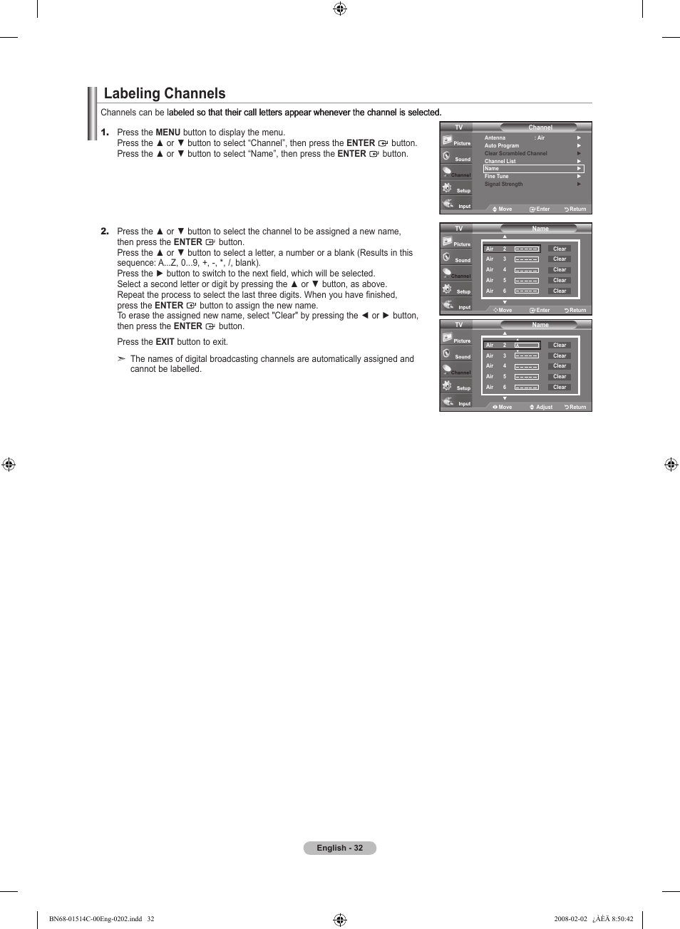 Labeling channels | Samsung LN19A331J1DXZA User Manual | Page 34 / 121