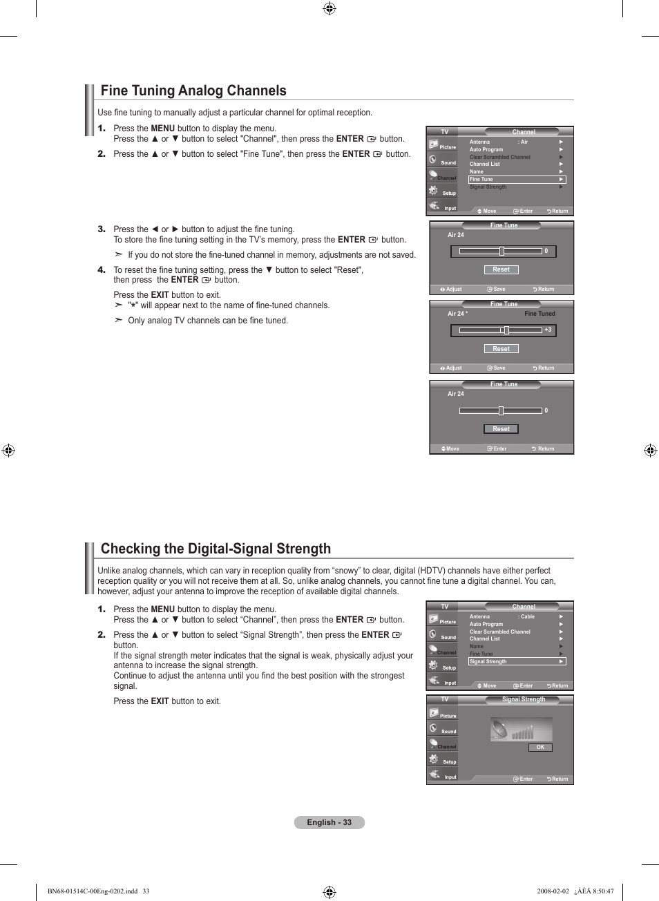 Fine tuning analog channels, Checking the digital-signal strength | Samsung LN19A331J1DXZA User Manual | Page 35 / 121