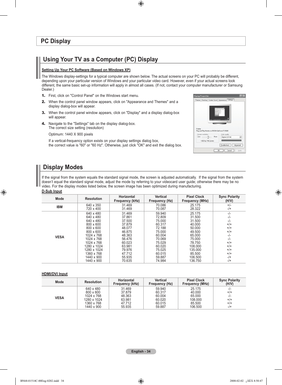 Pc display, Using your tv as a computer (pc) display, Display modes | Pc display display modes | Samsung LN19A331J1DXZA User Manual | Page 36 / 121