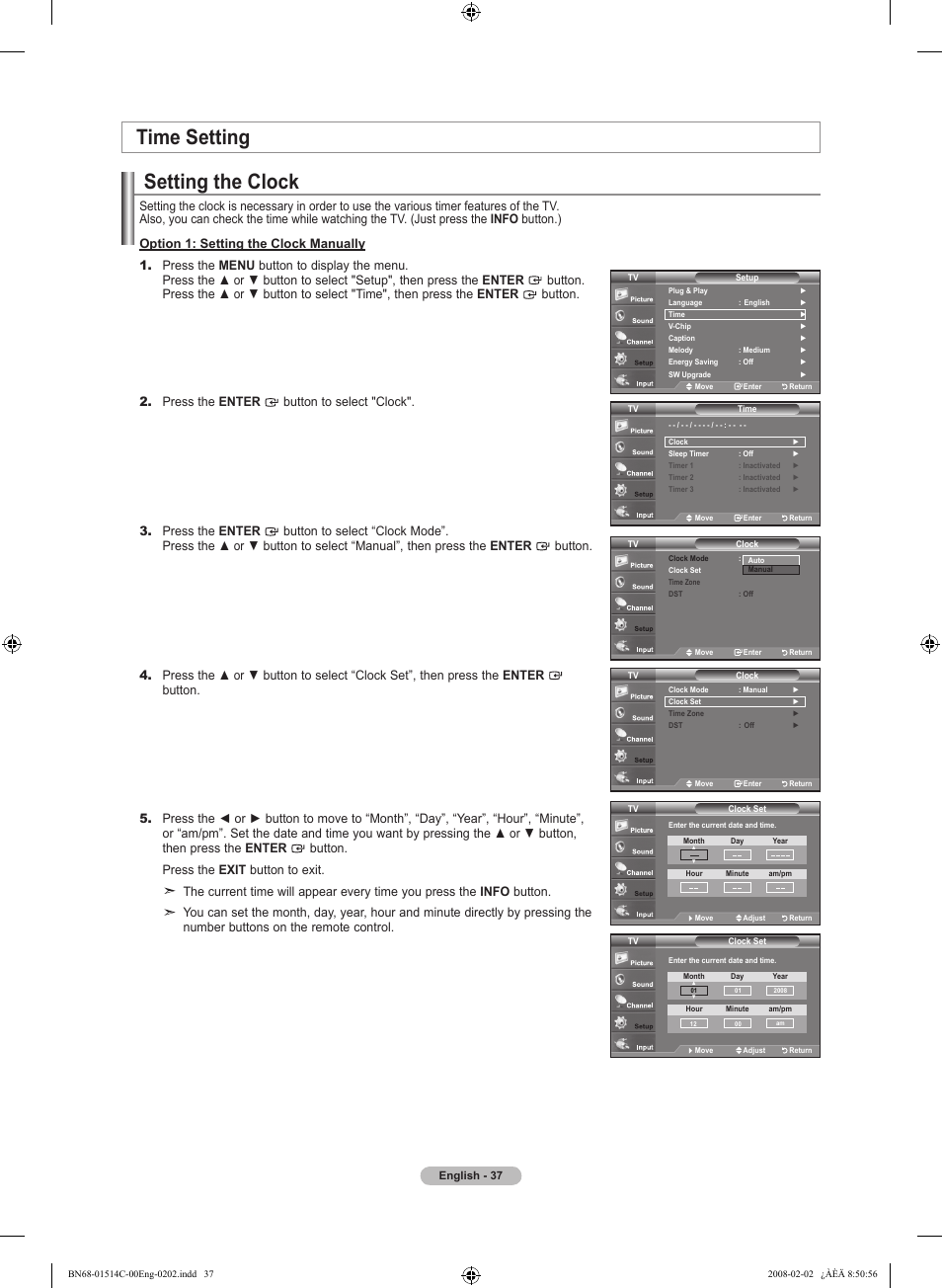 Time setting, Setting the clock | Samsung LN19A331J1DXZA User Manual | Page 39 / 121