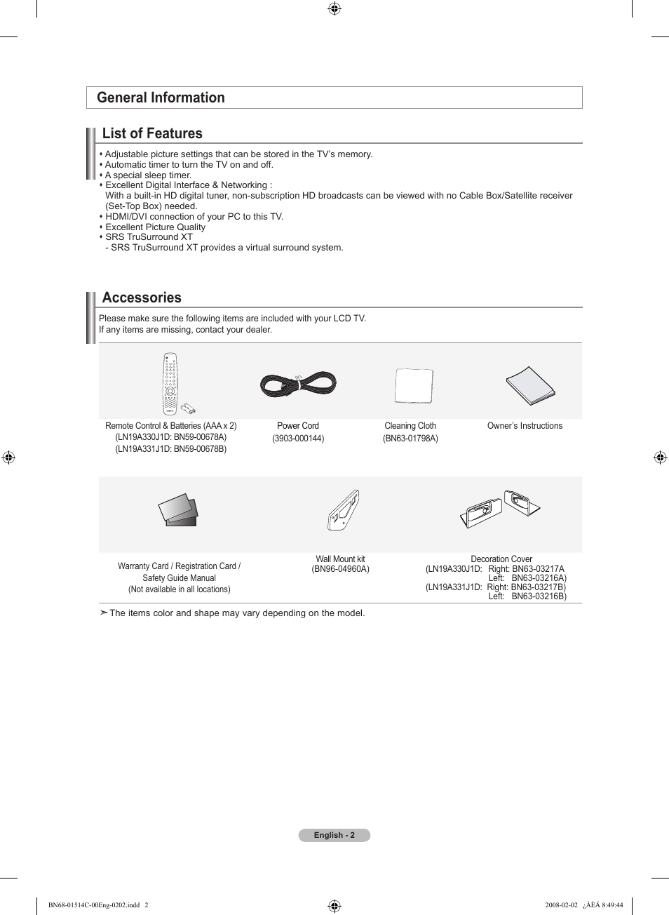 General information, List of features, Accessories | General information list of features | Samsung LN19A331J1DXZA User Manual | Page 4 / 121