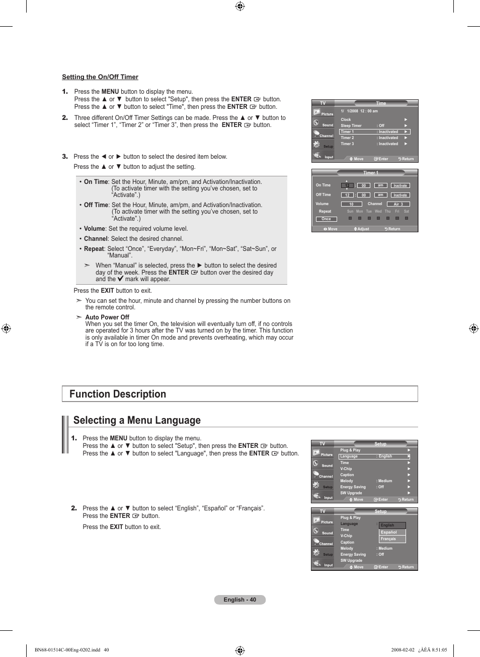 Function description, Selecting a menu language | Samsung LN19A331J1DXZA User Manual | Page 42 / 121