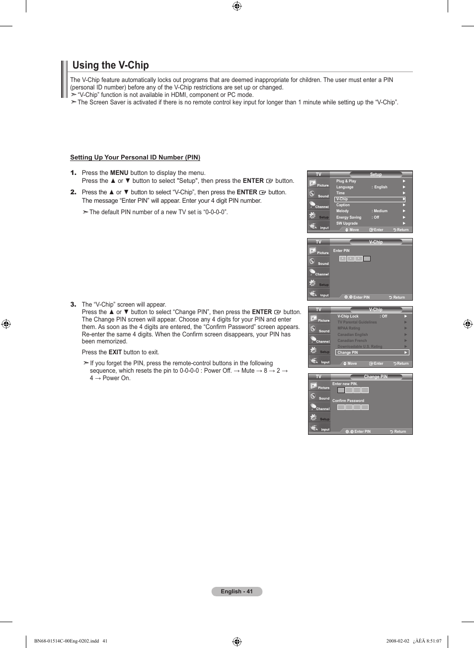 Using the v-chip | Samsung LN19A331J1DXZA User Manual | Page 43 / 121