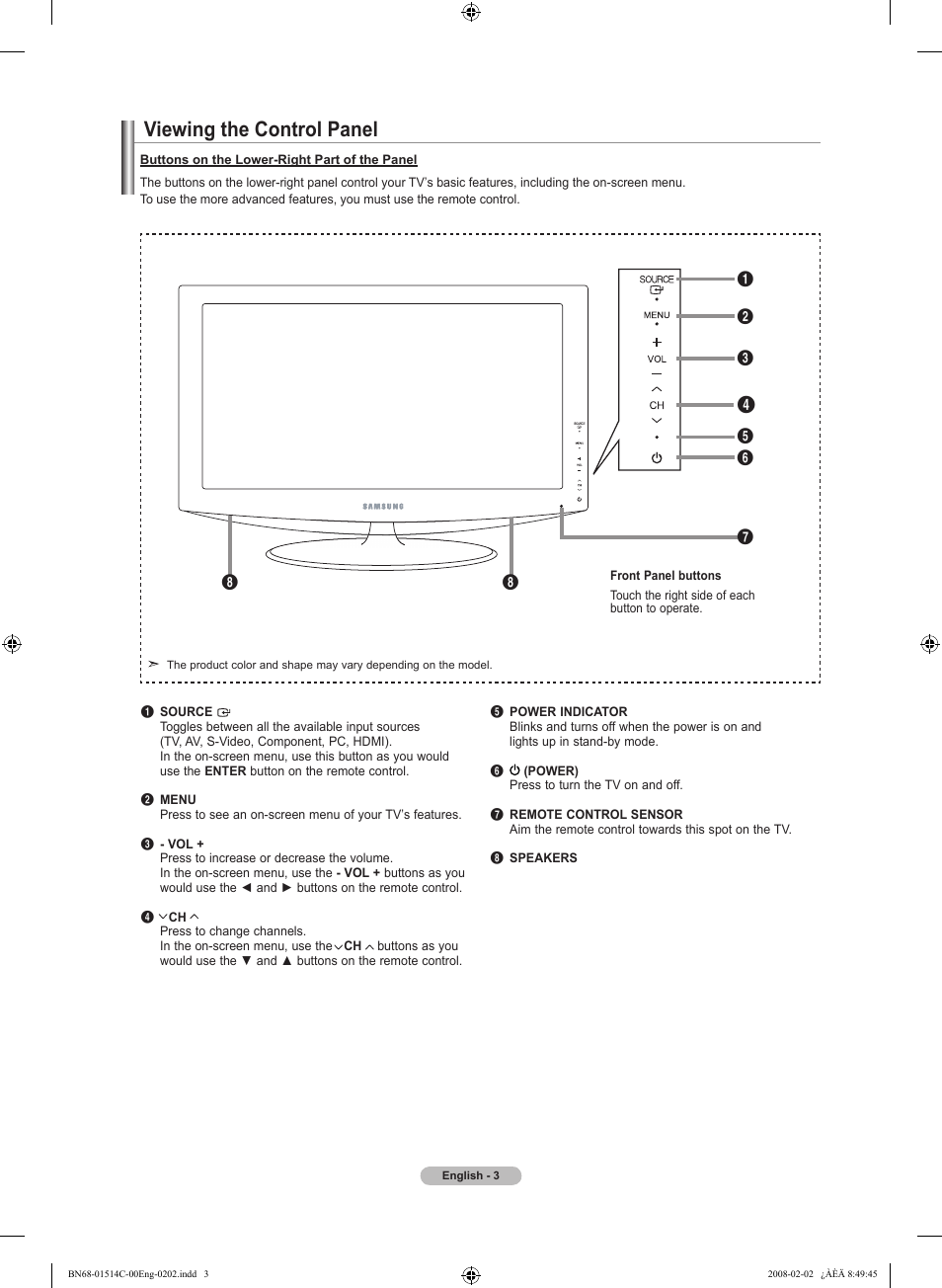 Viewing the control panel | Samsung LN19A331J1DXZA User Manual | Page 5 / 121