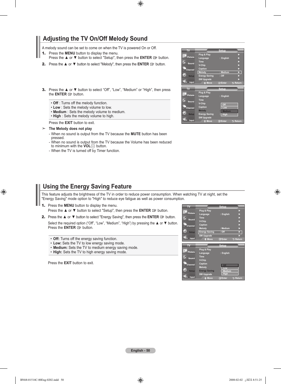 Adjusting the tv on/off melody sound, Using the energy saving feature | Samsung LN19A331J1DXZA User Manual | Page 52 / 121