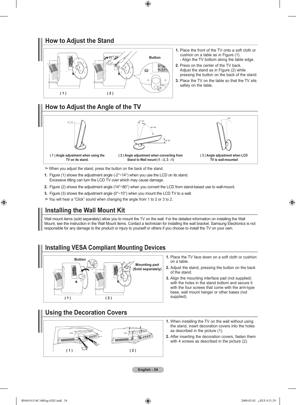 How to adjust the stand, How to adjust the angle of the tv, Installing the wall mount kit | Installing vesa compliant mounting devices, Using the decoration covers | Samsung LN19A331J1DXZA User Manual | Page 56 / 121