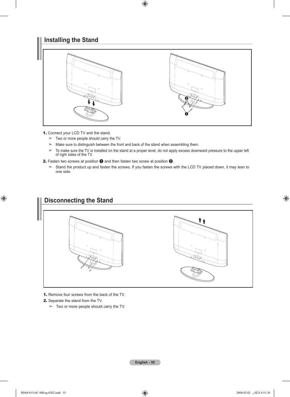 Installing the stand, Disconnecting the stand | Samsung LN19A331J1DXZA User Manual | Page 57 / 121