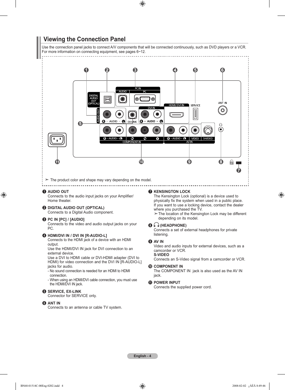 Viewing the connection panel | Samsung LN19A331J1DXZA User Manual | Page 6 / 121