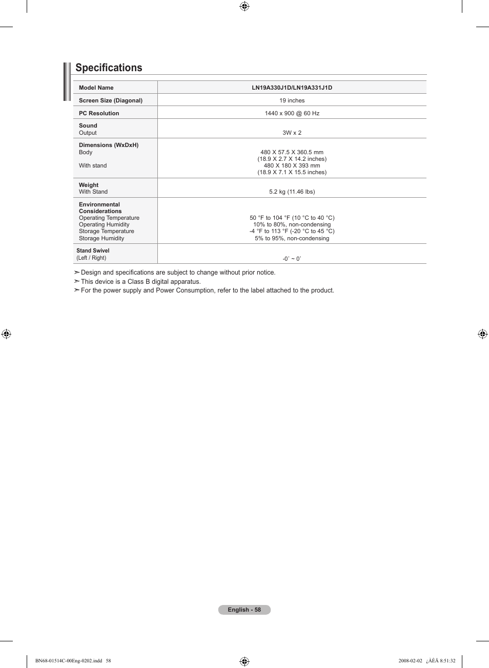 Specifications | Samsung LN19A331J1DXZA User Manual | Page 60 / 121