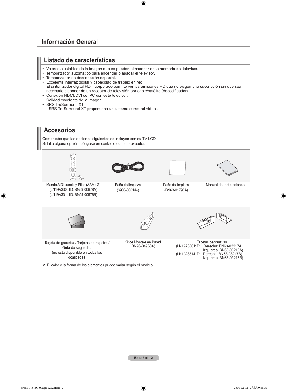 Información general listado de características, Accesorios | Samsung LN19A331J1DXZA User Manual | Page 64 / 121