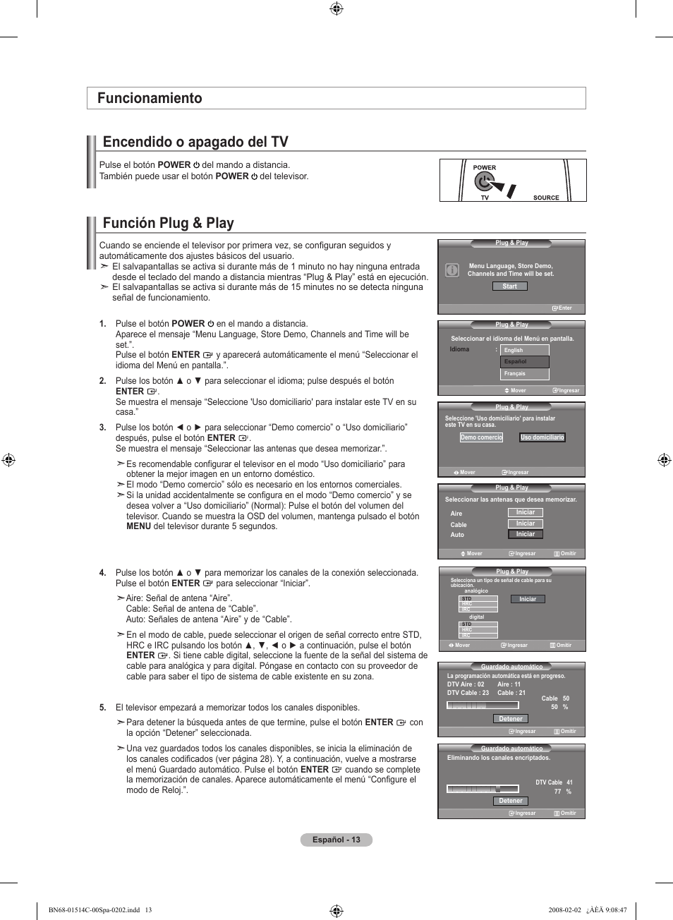 Función plug & play, Encendido o apagado del tv, Funcionamiento | Samsung LN19A331J1DXZA User Manual | Page 75 / 121