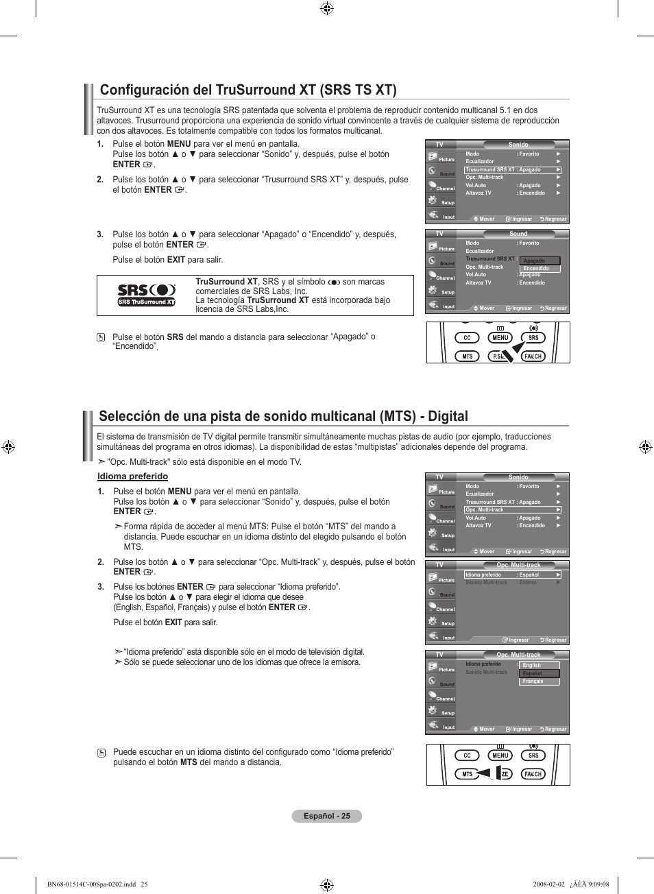 Configuración del trusurround xt (srs ts xt) | Samsung LN19A331J1DXZA User Manual | Page 87 / 121