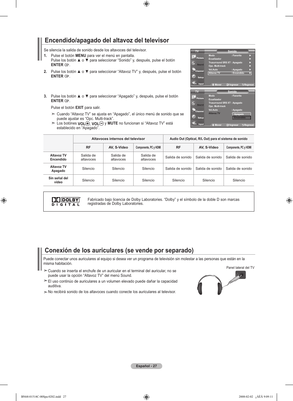 Encendido/apagado del altavoz del televisor | Samsung LN19A331J1DXZA User Manual | Page 89 / 121