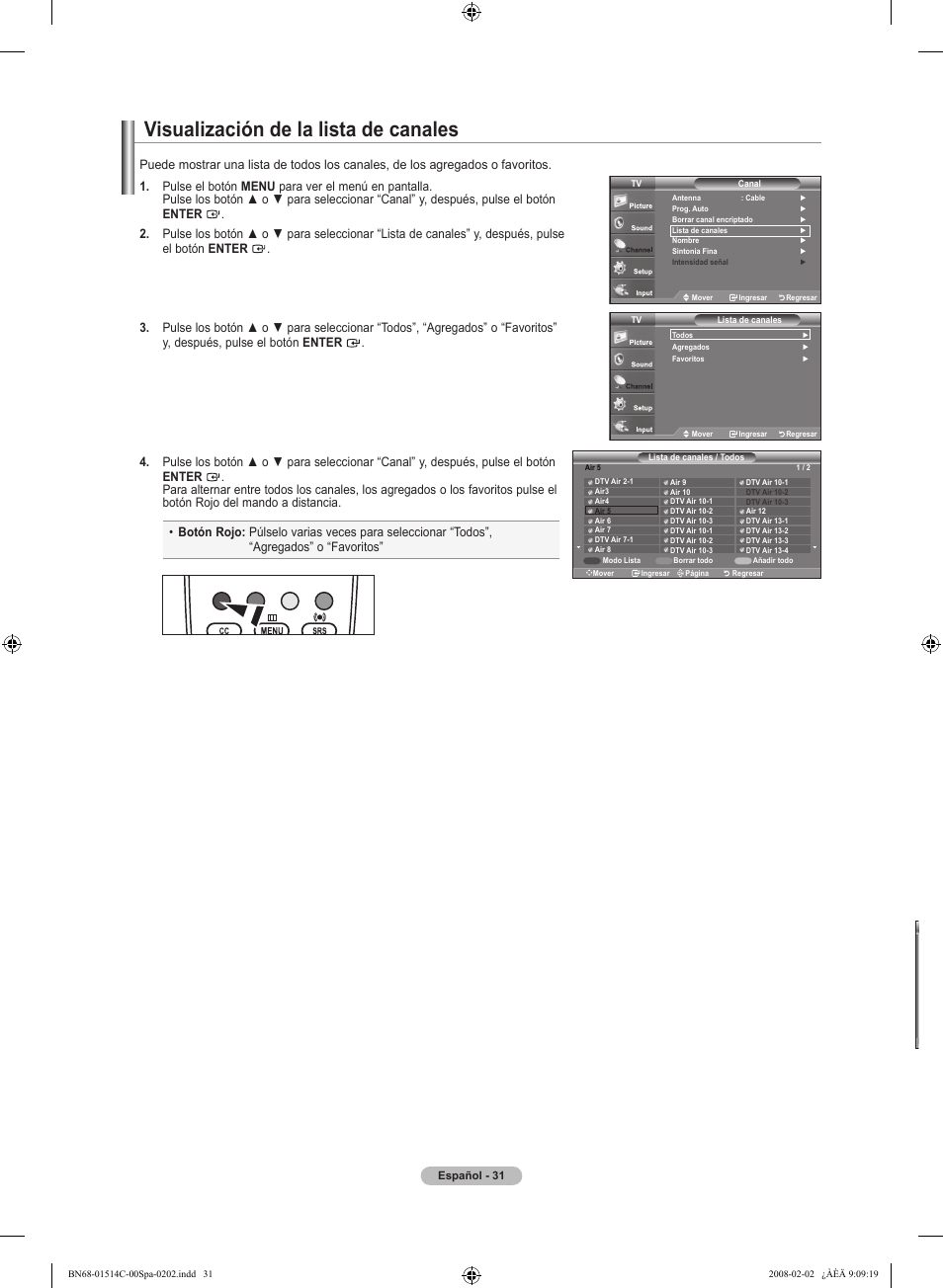 Visualización de la lista de canales | Samsung LN19A331J1DXZA User Manual | Page 93 / 121