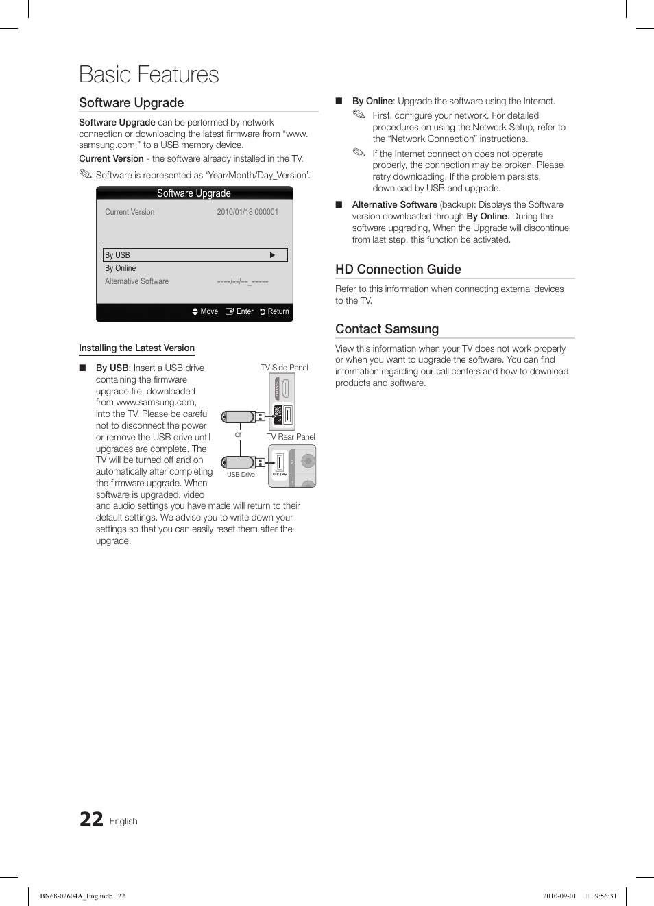 Basic features, Software upgrade, Hd connection guide | Contact samsung | Samsung LN46C550J1FXZA User Manual | Page 22 / 50