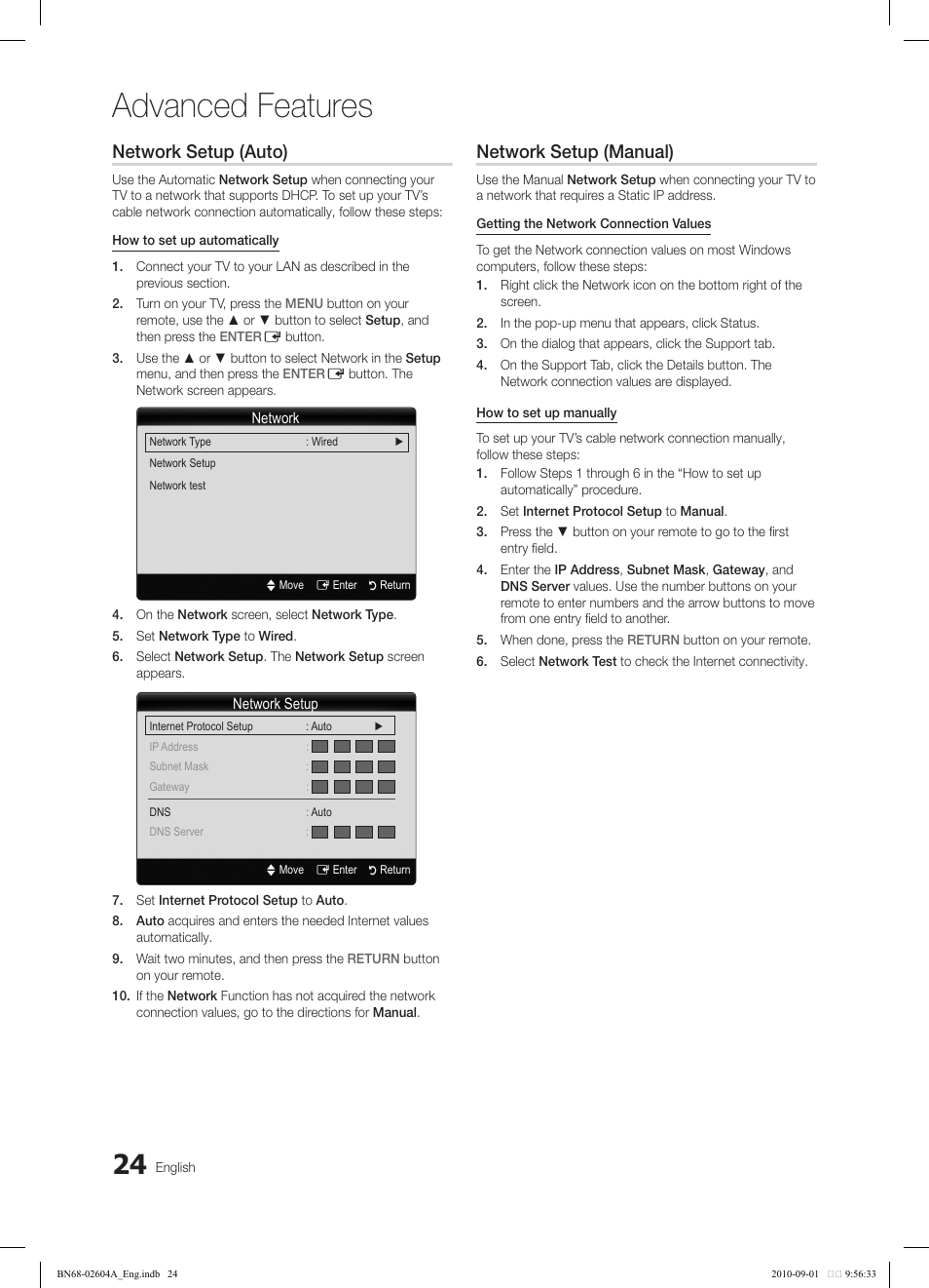 Advanced features, Network setup (auto), Network setup (manual) | Samsung LN46C550J1FXZA User Manual | Page 24 / 50