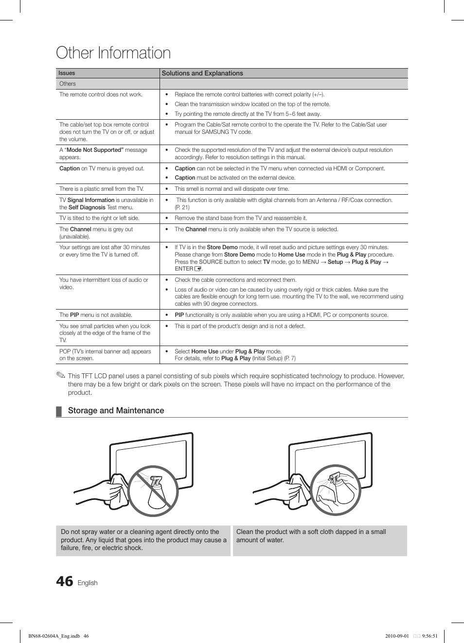 Other information, Storage and maintenance | Samsung LN46C550J1FXZA User Manual | Page 46 / 50