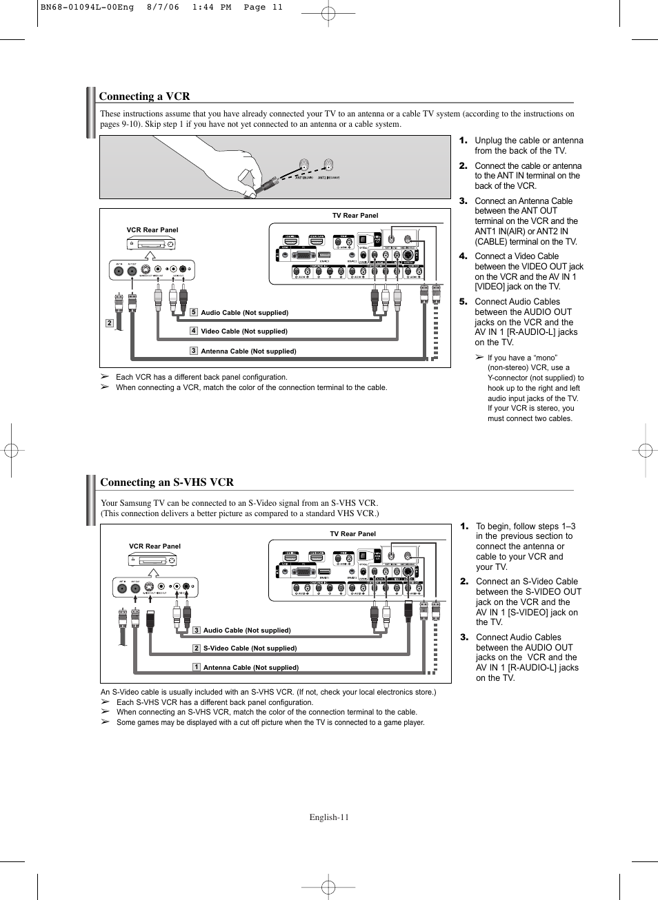 Connecting a vcr, Connecting an s-vhs vcr | Samsung HPS5073X-XAA User Manual | Page 11 / 76