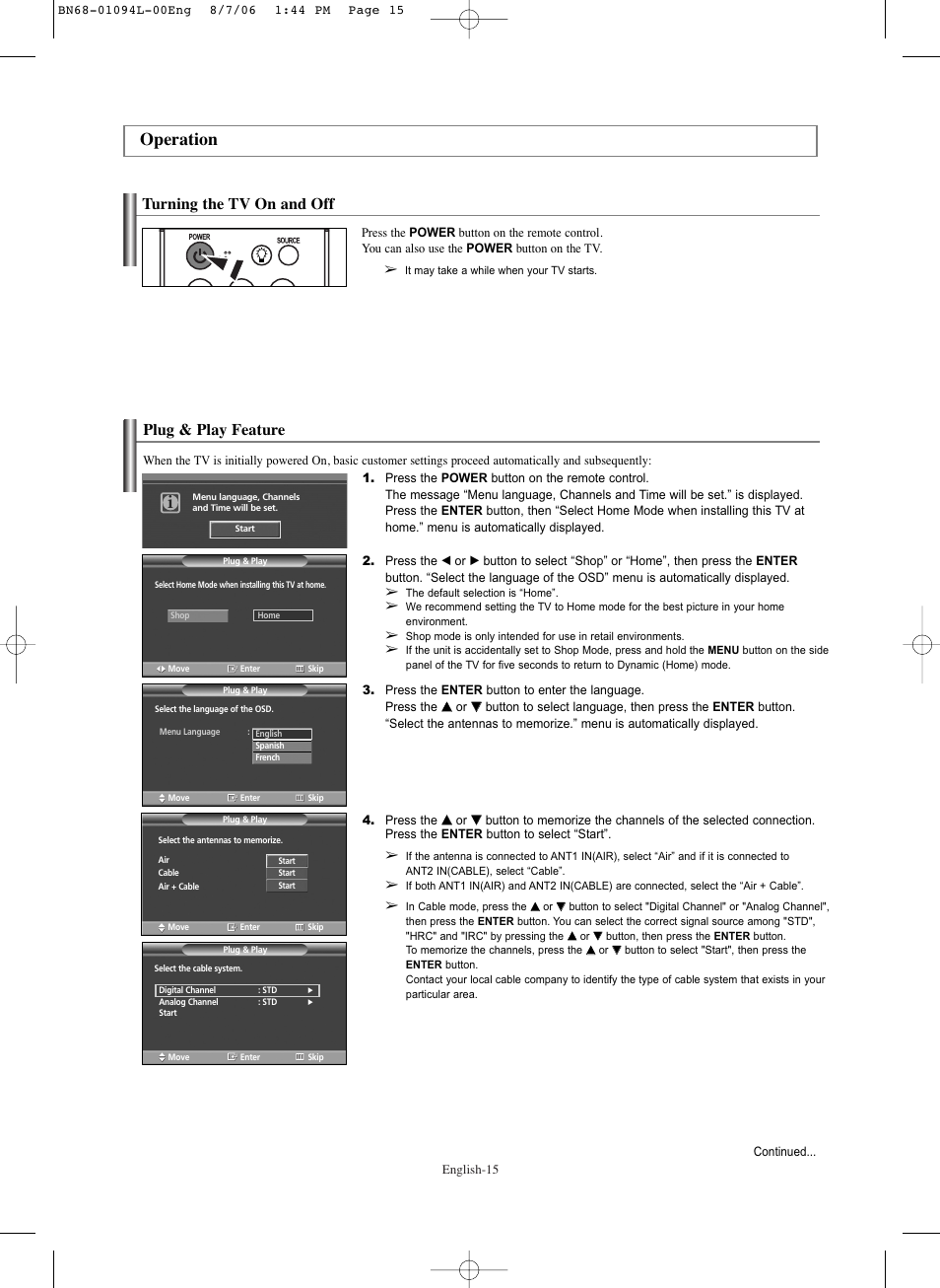 Operation, Turning the tv on and off, Plug & play feature | Samsung HPS5073X-XAA User Manual | Page 15 / 76