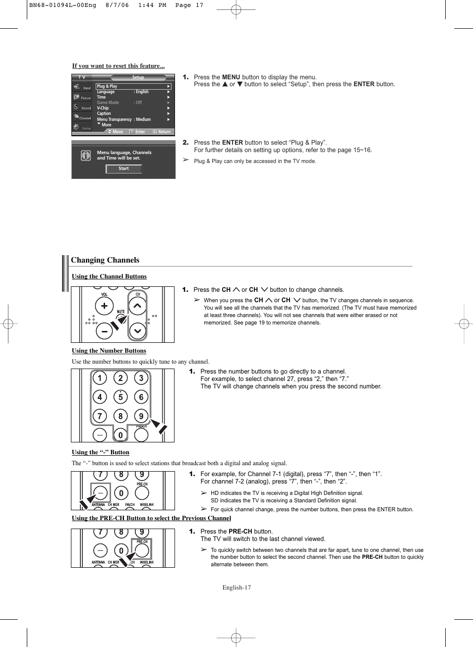 Changing channels | Samsung HPS5073X-XAA User Manual | Page 17 / 76