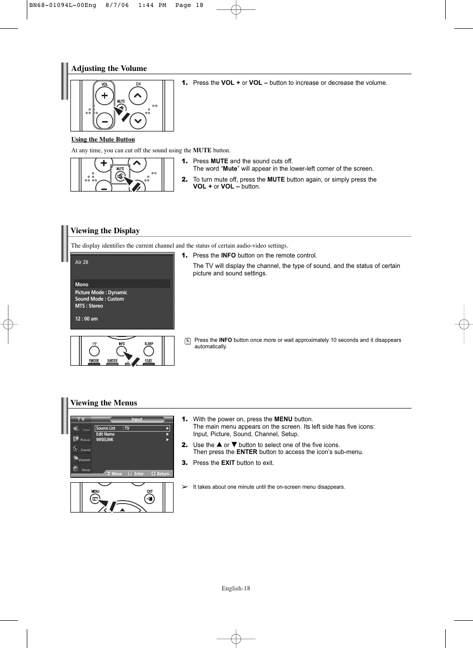 Adjusting the volume, Viewing the display, Viewing the menus | Samsung HPS5073X-XAA User Manual | Page 18 / 76