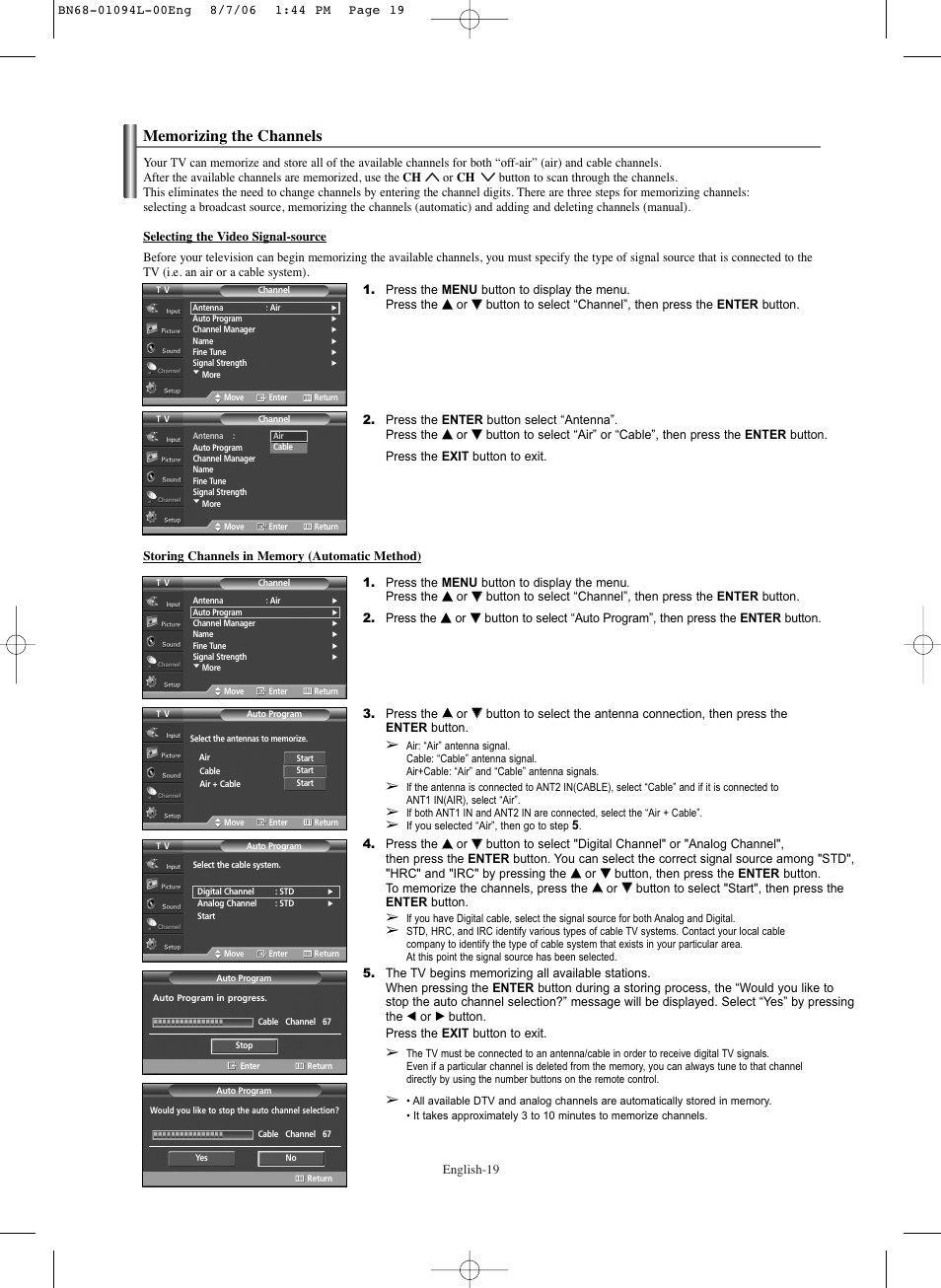 Memorizing the channels | Samsung HPS5073X-XAA User Manual | Page 19 / 76