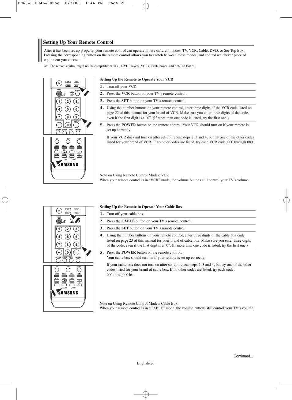 Setting up your remote control | Samsung HPS5073X-XAA User Manual | Page 20 / 76