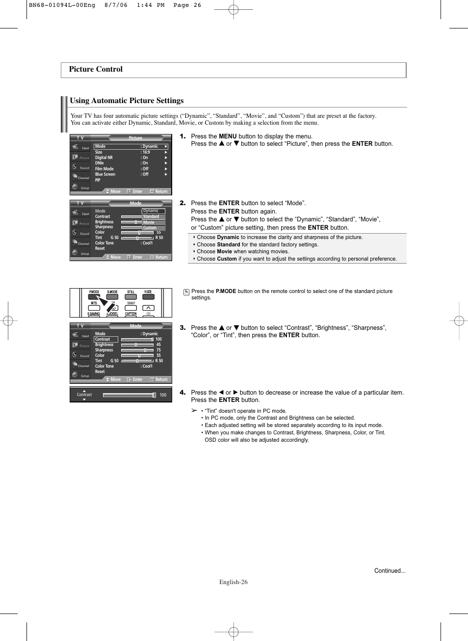 Picture control, Using automatic picture settings | Samsung HPS5073X-XAA User Manual | Page 26 / 76