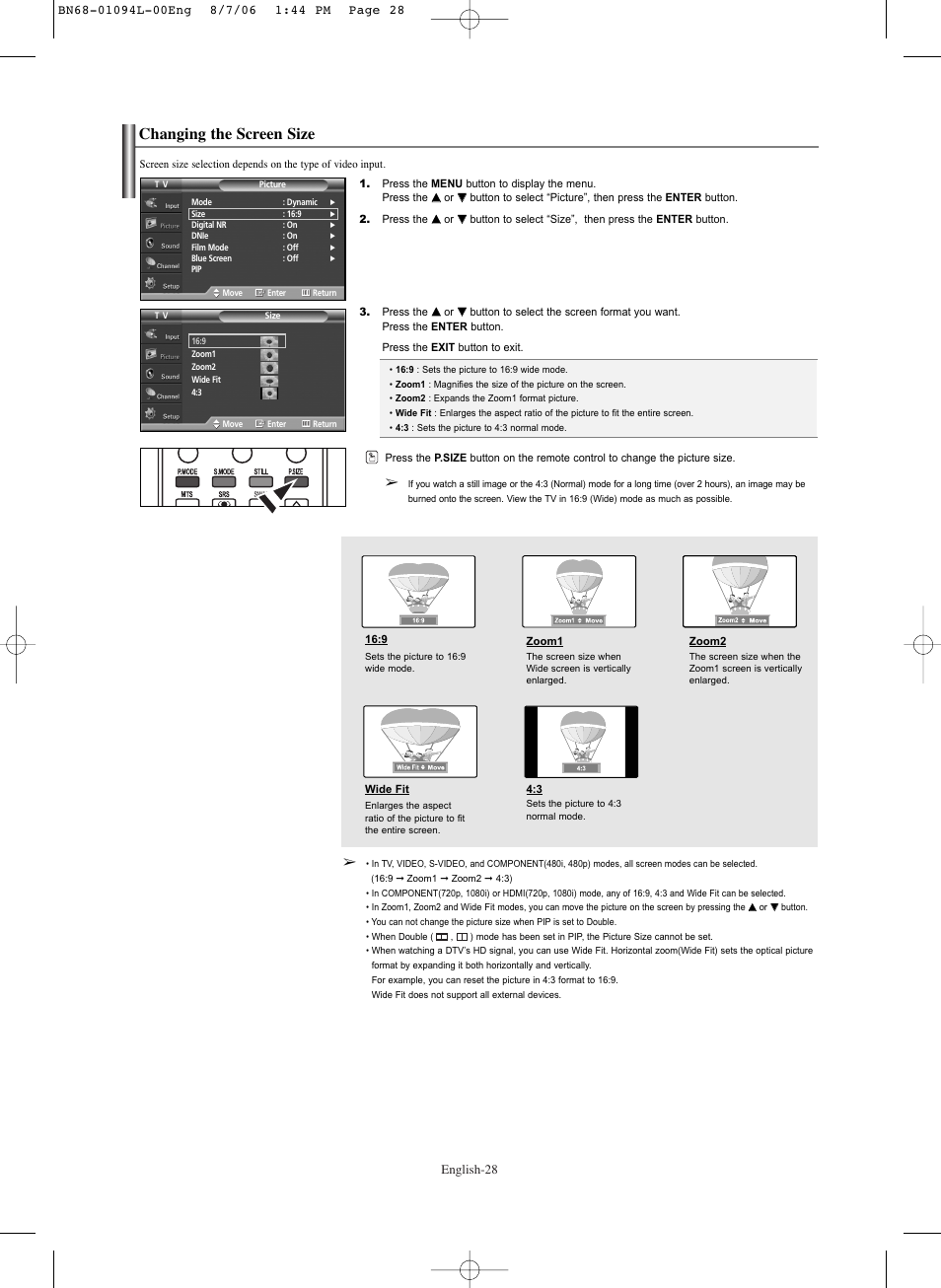 Changing the screen size | Samsung HPS5073X-XAA User Manual | Page 28 / 76